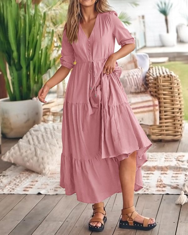 81XlBRj0z3L.jpg Women Summer Dresses Short Sleeves V Neck Button Drawstring Maxi Dresses Solid Color Boho Long Dresses