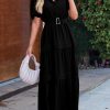 Women's Summer Maxi Dress Puff Short Sleeve Lapel V Neck Tiered A Line Flowy Elegant Party Dresses with Belt