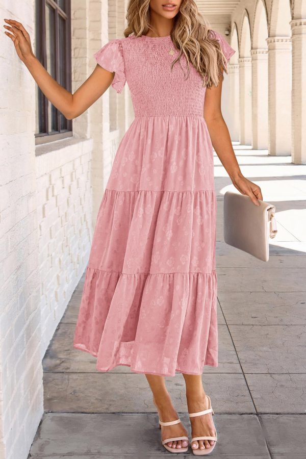 Women's Floral Midi Dress 2025 Summer Cap Sleeve Smocked Ruffle A Line Long Flowy Wedding Guest Dresses