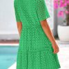 Women's Short Sleeve Mini Dress 2025 Summer V Neck Hollow Out Eyelet Ruffle A Line Swing Short Dresses