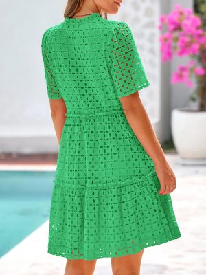 Women's Short Sleeve Mini Dress 2025 Summer V Neck Hollow Out Eyelet Ruffle A Line Swing Short Dresses