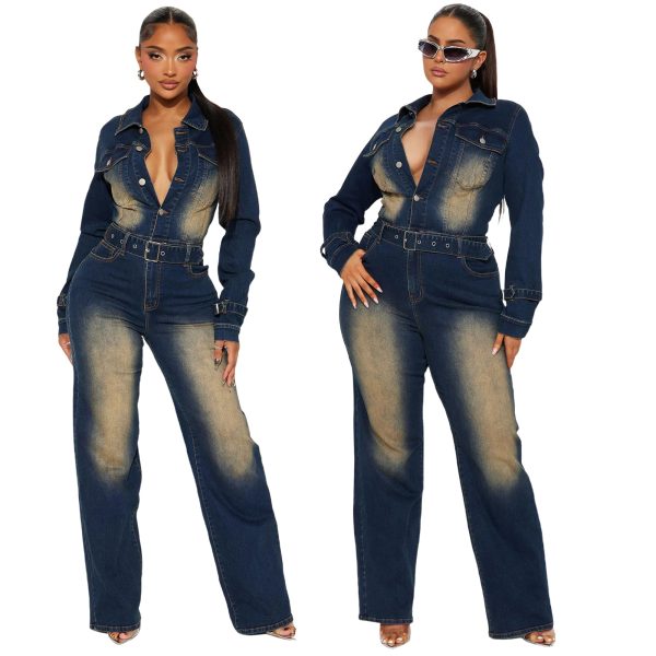 81YKUvTOlTL.jpg Long Sleeve Denim Jumpsuit for Women Straight Leg Washed Stretch Jean Jumpsuit with Belt Loose Fit Rompers Casual