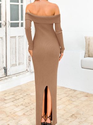 Women's Winter Sweater Dress Long Sleeve Off Shoulder Slit Maxi Bodycon Cocktail Party Dresses