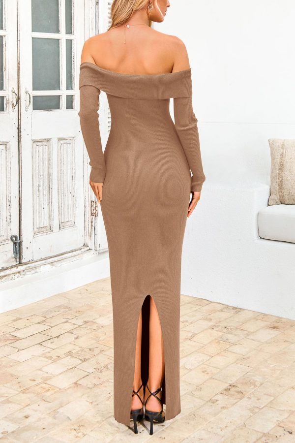 81a4wHMArpL.jpg Women's Winter Sweater Dress Long Sleeve Off Shoulder Slit Maxi Bodycon Cocktail Party Dresses