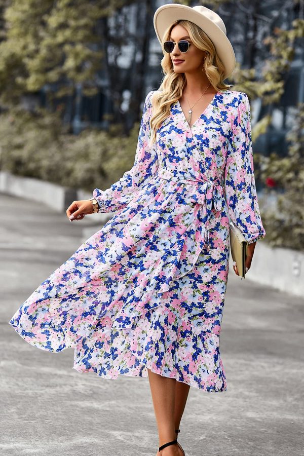 81aWahrsCfL.jpg Women's Floral Print Boho Dress Long Sleeve Wrap V Neck Ruffle Belted A-Line Flowy Maxi Dresses
