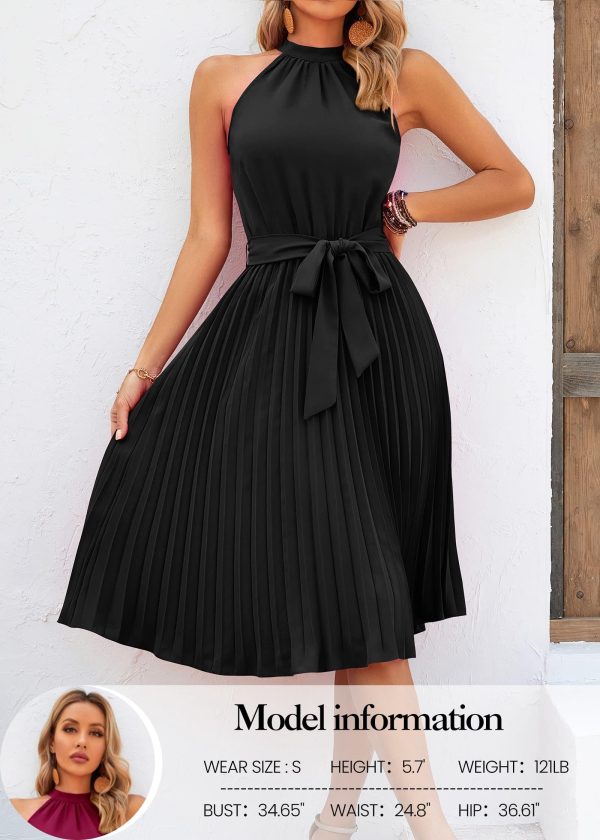 81cM3z1xwyL.jpg Women's 2025 Summer Sleeveless Halter Neck Pleated Midi Cocktail Dresses A Line Flowy Beach Sun Dress with Belt