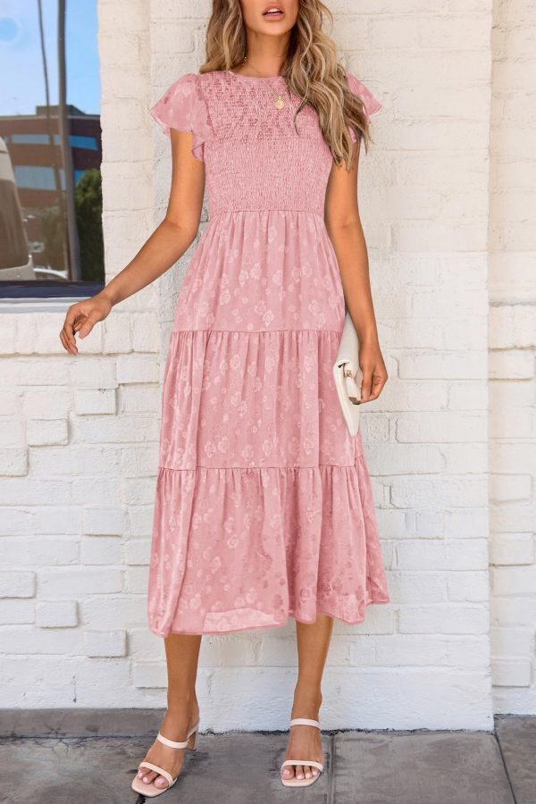 Women's Floral Midi Dress 2025 Summer Cap Sleeve Smocked Ruffle A Line Long Flowy Wedding Guest Dresses