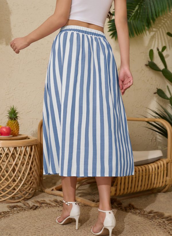 Women's Trendy Summer Casual Pleated Striped Maxi Flared Beach Skirt High Waist A-Line Flowy Midi Skirts Long Dresses