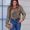 Button Down Shirts for Women Dressy Floral Printed Long Sleeve Blouse Business Casual Work Tops