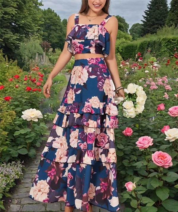 Women's Summer 2 Piece Outfits Floral Print Strap Crop Tops Tiered Ruffle Skirt Sets Maxi Long Dress