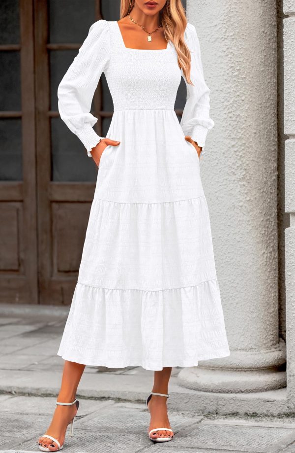 Women Spring Wedding Guest Maxi Dress Elegant Puff Long Sleeve Summer Smocked Empire Waist Swing Flowy Long Dresses