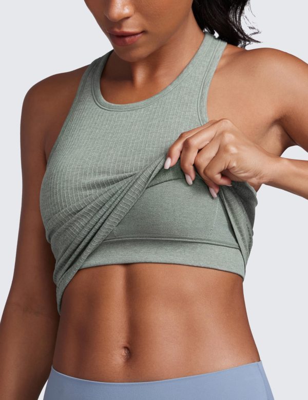 Womens Seamless Ribbed Longline High Neck Sports Bra - Racerback Padded Slim Fit Crop Tank Top with Built in Pads