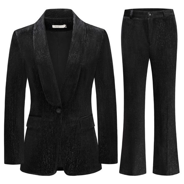 81fYLAc4GoL.jpg Women Pantsuit Dressy Silver Thread Velvet 2 Piece Suit Set Blazer and Flared Pants