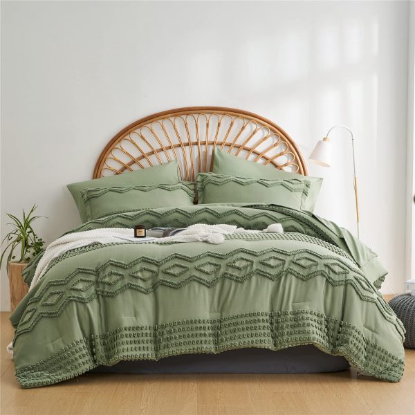 Sage Green Tufted Comforter Set Queen Size 7 Piece Bed in a Bag, Shabby Chic Boho Comforter and Sheet Set, Pom Pom Textured Bed