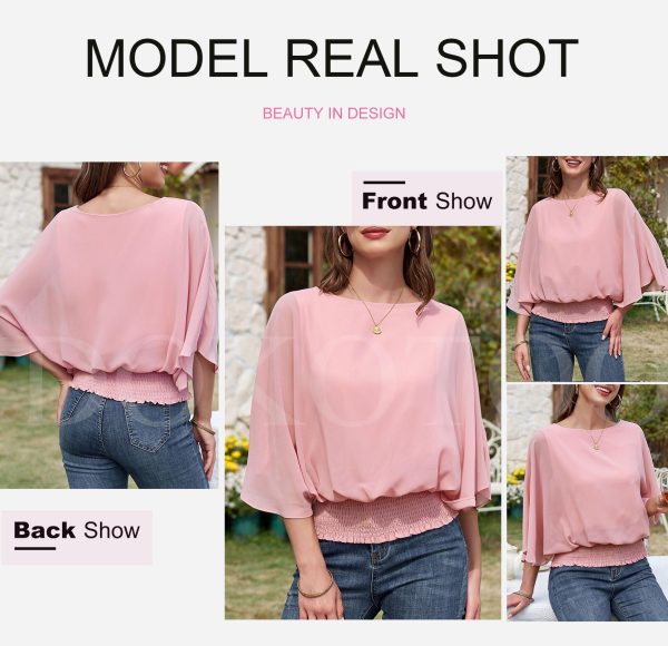 81g81Pf1bSL.jpg Womens Tops Dressy Casual 3/4 Sleeve Tops Crewneck Business Casual Chiffon Blouses