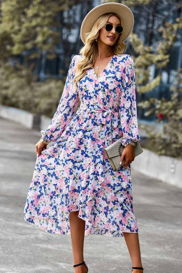 81gsOybbiL.jpg Women's Floral Print Boho Dress Long Sleeve Wrap V Neck Ruffle Belted A-Line Flowy Maxi Dresses