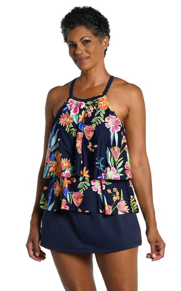 Women's Hi Neck Double Ruffle Tankini Swimsuit Top