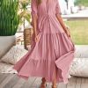 Women Summer Dresses Short Sleeves V Neck Button Drawstring Maxi Dresses Solid Color Boho Long Dresses