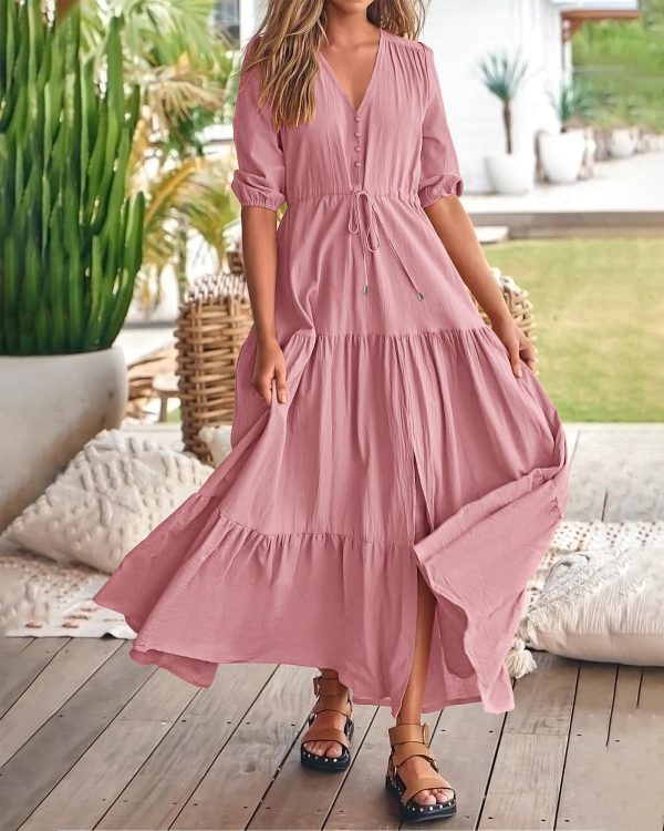 81jOJg7EehL.jpg Women Summer Dresses Short Sleeves V Neck Button Drawstring Maxi Dresses Solid Color Boho Long Dresses
