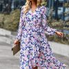 Women's Floral Print Boho Dress Long Sleeve Wrap V Neck Ruffle Belted A-Line Flowy Maxi Dresses
