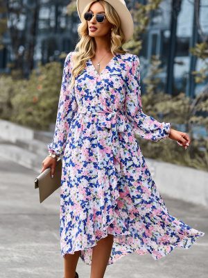 Women's Floral Print Boho Dress Long Sleeve Wrap V Neck Ruffle Belted A-Line Flowy Maxi Dresses