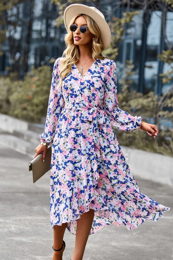 81lLrEwpffL.jpg Women's Floral Print Boho Dress Long Sleeve Wrap V Neck Ruffle Belted A-Line Flowy Maxi Dresses