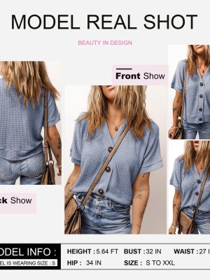Womens Summer Tops 2025 Waffle Knit Button Down Shirts Casual V Neck Short Sleeve Shacket Jacket Dressy Blouses