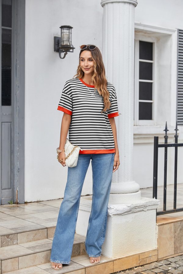Womens Summer Tops Oversized Crewneck Short Sleeve T Shirts Casual Loose Fit Blouse Y2K 2025 Striped Basic Tee