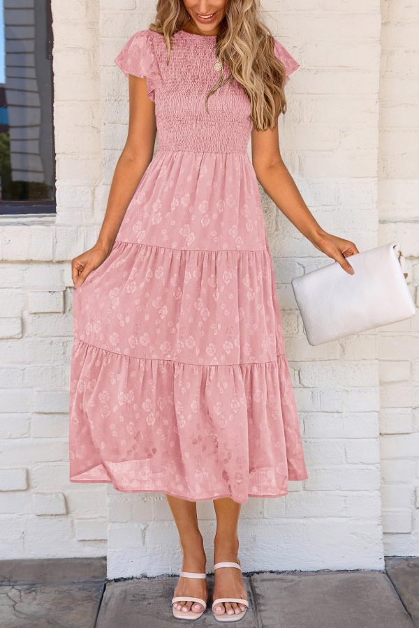 Women's Floral Midi Dress 2025 Summer Cap Sleeve Smocked Ruffle A Line Long Flowy Wedding Guest Dresses