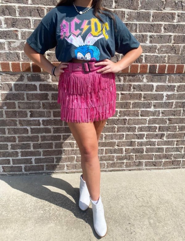 Women's Rhinestone Fringe Mini Skirt with Belt