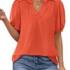 Womens Casual Summer Tops 2025 V Neck Short Puff Sleeve Pleated Cotton T Shirts Loose Dressy Blouses