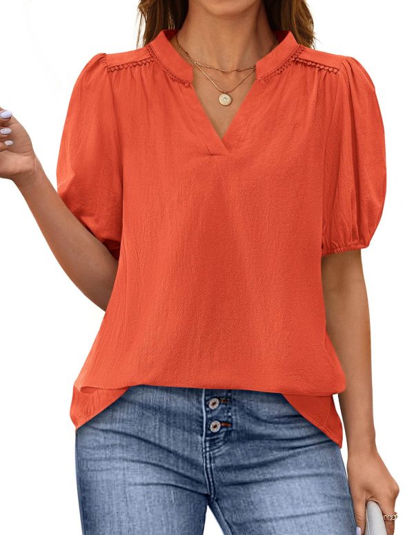 Womens Casual Summer Tops 2025 V Neck Short Puff Sleeve Pleated Cotton T Shirts Loose Dressy Blouses