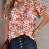 Women's Casual V Neck Floral Print Smocked Short Sleeve Chiffon Blouses Bohemian Top Shirts
