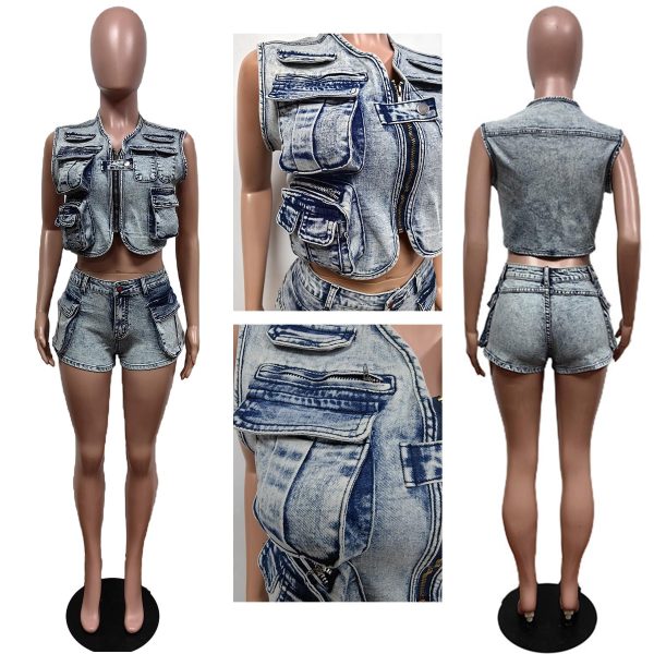 81pl1tVhYhL.jpg Denim Outfits for Women's 2 Piece Sets Summer Party & Club Cargo Vest Top and Stretchy Jean Shorts Sets 2025