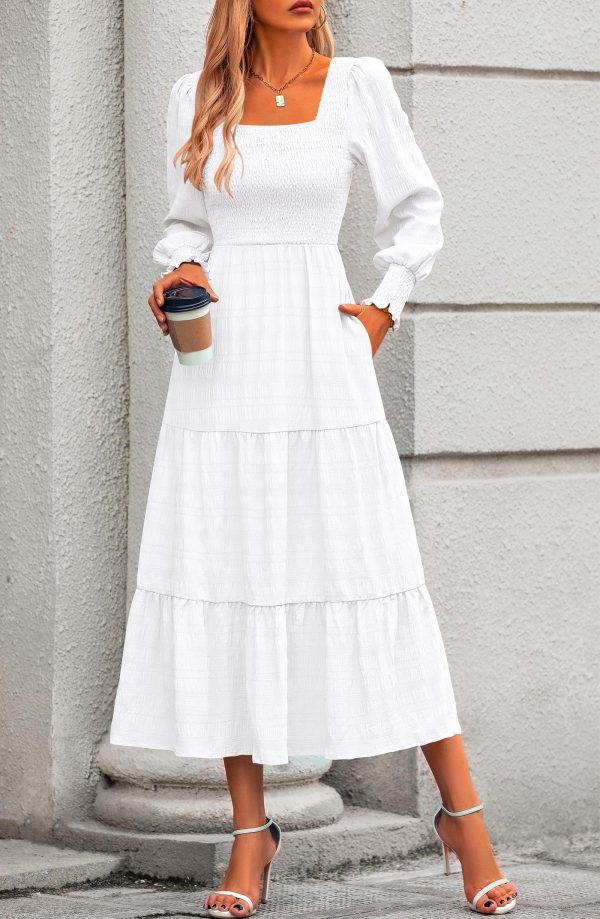 Women Spring Wedding Guest Maxi Dress Elegant Puff Long Sleeve Summer Smocked Empire Waist Swing Flowy Long Dresses