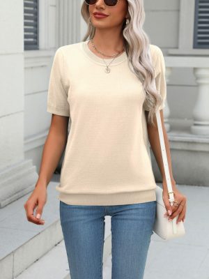 Womens Summer Short Sleeve Tops Crew Neck Lightweight Pullover Sweaters Loose Dressy Casual Blouse Basic Clothes