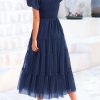 Women's Smocked Midi Tulle Dress 2025 Summer Puffy Short Sleeve Square Neck Ruffle Wedding Guest Party Dresses