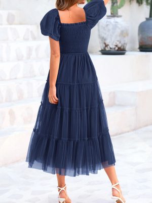 Women's Smocked Midi Tulle Dress 2025 Summer Puffy Short Sleeve Square Neck Ruffle Wedding Guest Party Dresses
