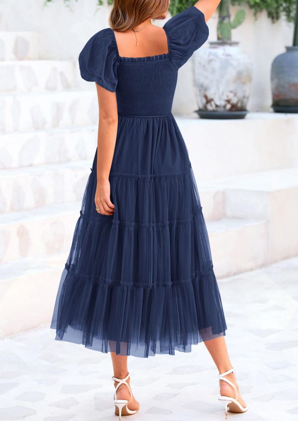81rkHa1N8L.jpg Women's Smocked Midi Tulle Dress 2025 Summer Puffy Short Sleeve Square Neck Ruffle Wedding Guest Party Dresses