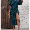 Women's High Waist Belted Shirt Dress High Split Printed Collar Neck Short Sleeve Midi Dress
