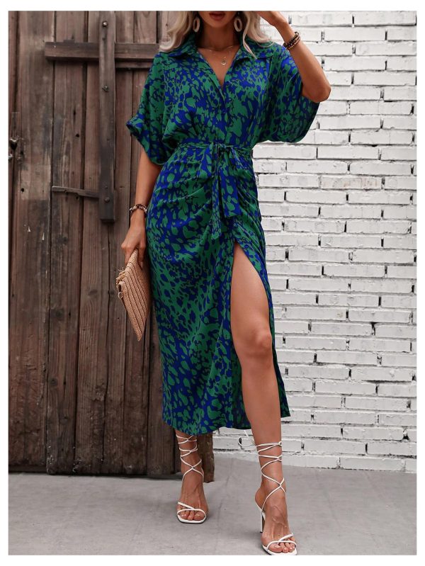 81tCgdGaJJL.jpg Women's High Waist Belted Shirt Dress High Split Printed Collar Neck Short Sleeve Midi Dress