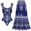 Women's One Piece Royal Blue Baroque Print Bathhing Suits Swimsuit and Skirt