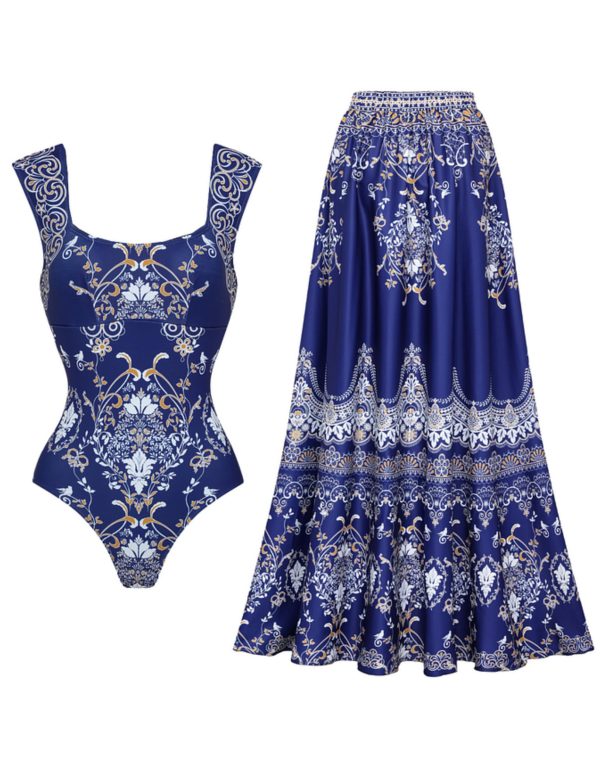 81u63scn2ZL.jpg Women's One Piece Royal Blue Baroque Print Bathhing Suits Swimsuit and Skirt