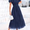Women's Smocked Midi Tulle Dress 2025 Summer Puffy Short Sleeve Square Neck Ruffle Wedding Guest Party Dresses