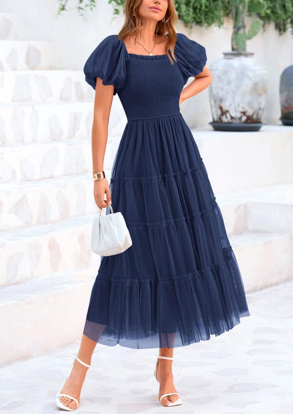 81uC9O7qt6L.jpg Women's Smocked Midi Tulle Dress 2025 Summer Puffy Short Sleeve Square Neck Ruffle Wedding Guest Party Dresses