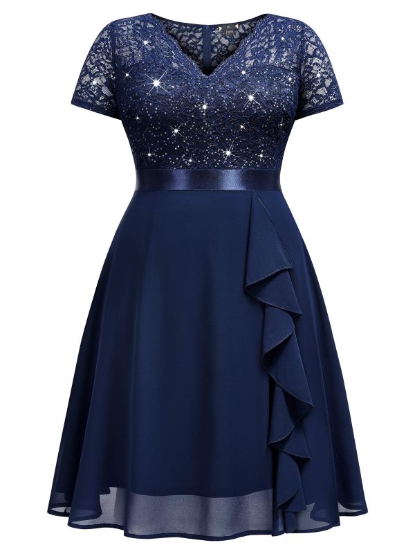 Women's Plus Size Sequins Lace Contrast Chiffon V Neck Flowy Cocktail Party Prom Midi Dress