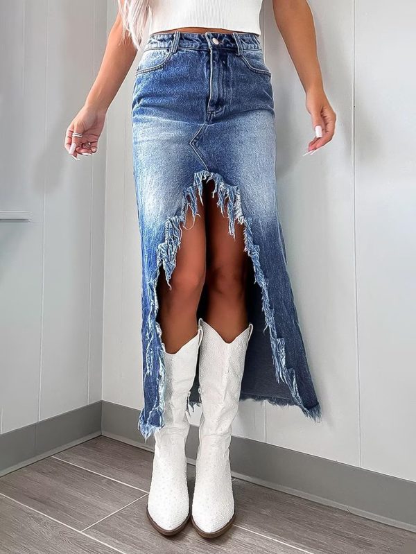 Womens' High Waist Midi Stylish Raw Hem Split Asymmetrical Wash Denim Skirt