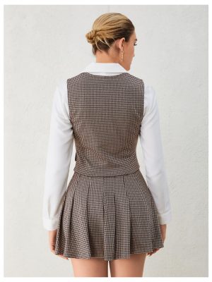 Women's 2 Piece Outfit Plaid Vest Blazer and Pleated Skirt Suit Sets