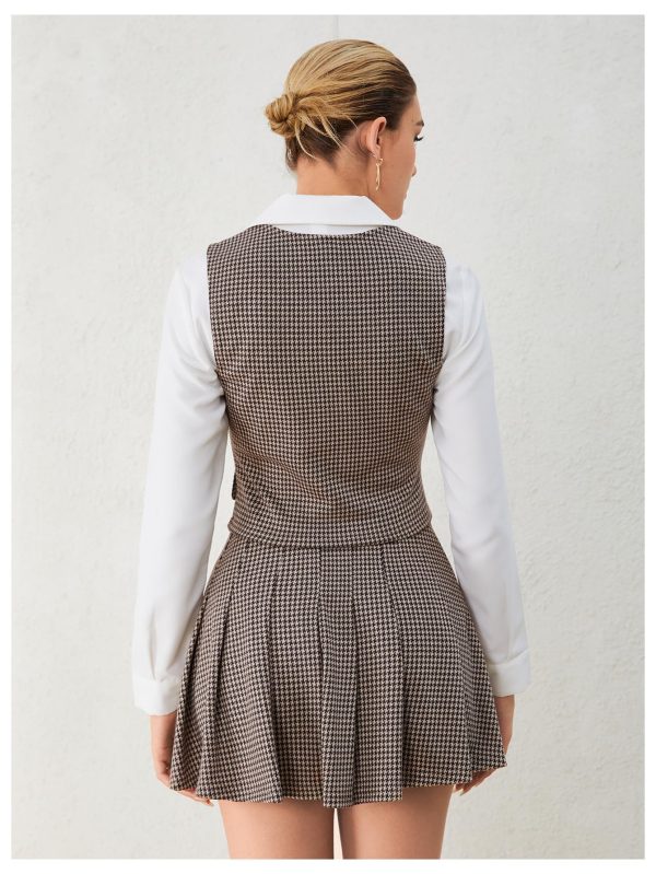 Women's 2 Piece Outfit Plaid Vest Blazer and Pleated Skirt Suit Sets