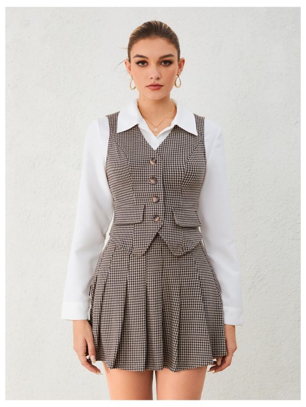 Women's 2 Piece Outfit Plaid Vest Blazer and Pleated Skirt Suit Sets